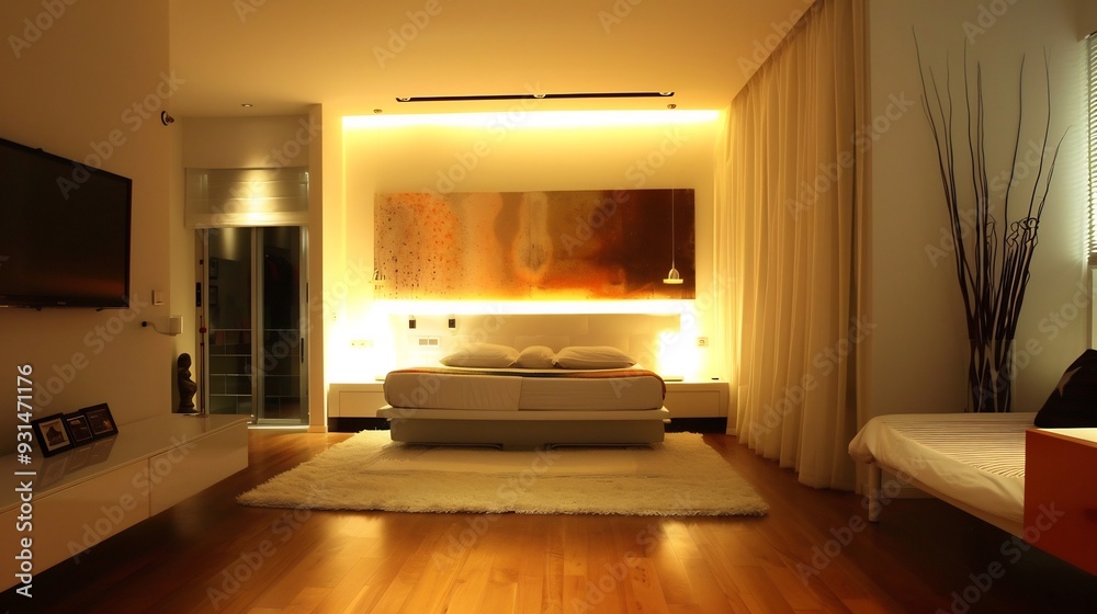 Minimalistic home decor bedroom with elegant furniture ambient lighting and vibrant accents in the decor