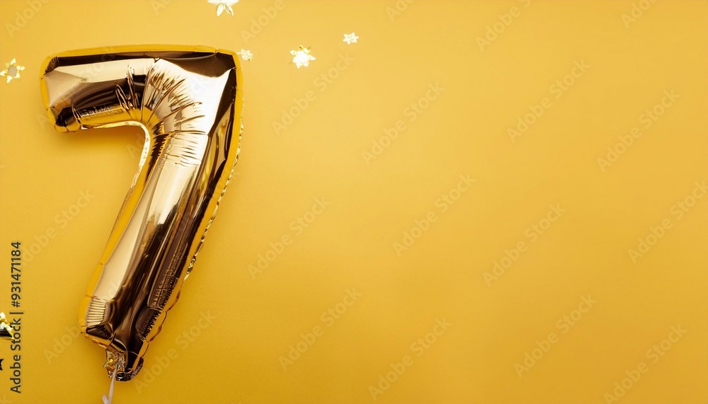 Obraz premium foil holiday number 7 on a yellow background with confetti with space for text, greeting card. 