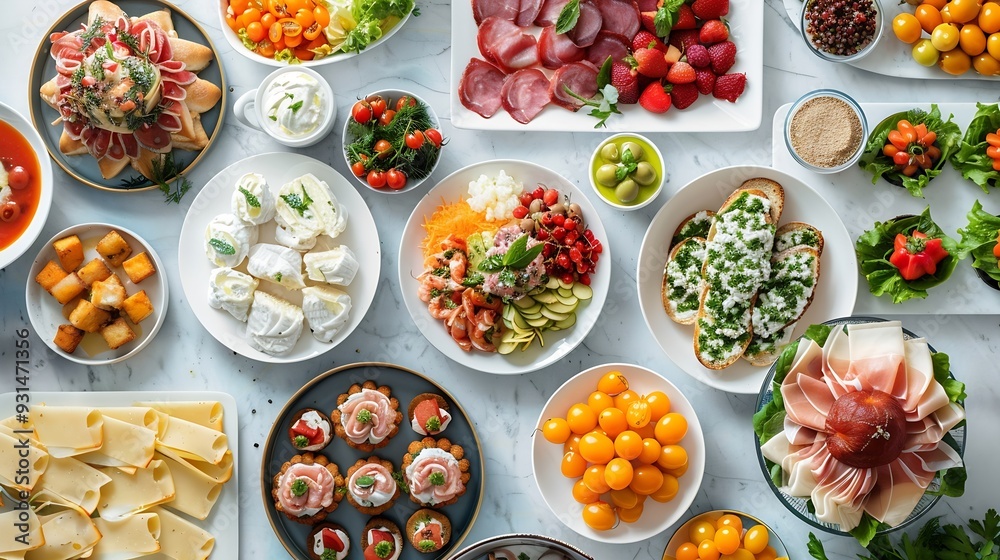 Top view of food assortment Luxury buffet flat lay Selection of plates and dishes on white background : Generative AI Top view of food assortment Luxury buffet flat lay Selection of plates and dishes on white background : Generative AI