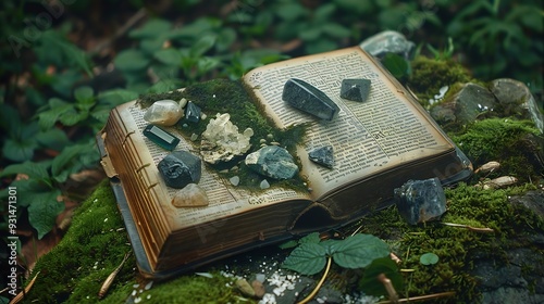 witch spell book and minerals on natural forest background Gemstones for healing Magic Crystal Ritual Witchcraft spiritual esoteric practice Reiki therapy for harmony soul and mind lif : Generative AI