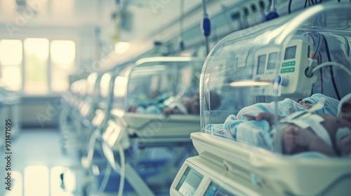 Line of hospital incubators with babies inside, emphasizing advanced neonatal care in a brightly lit medical facility. photo