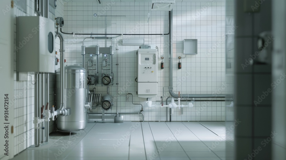 A sterile and modern industrial control room with white tiled walls and polished metal equipment, reflecting a sense of precision and cleanliness. A sterile and modern industrial control room with white tiled walls and polished metal equipment, reflecting a sense of precision and cleanliness.