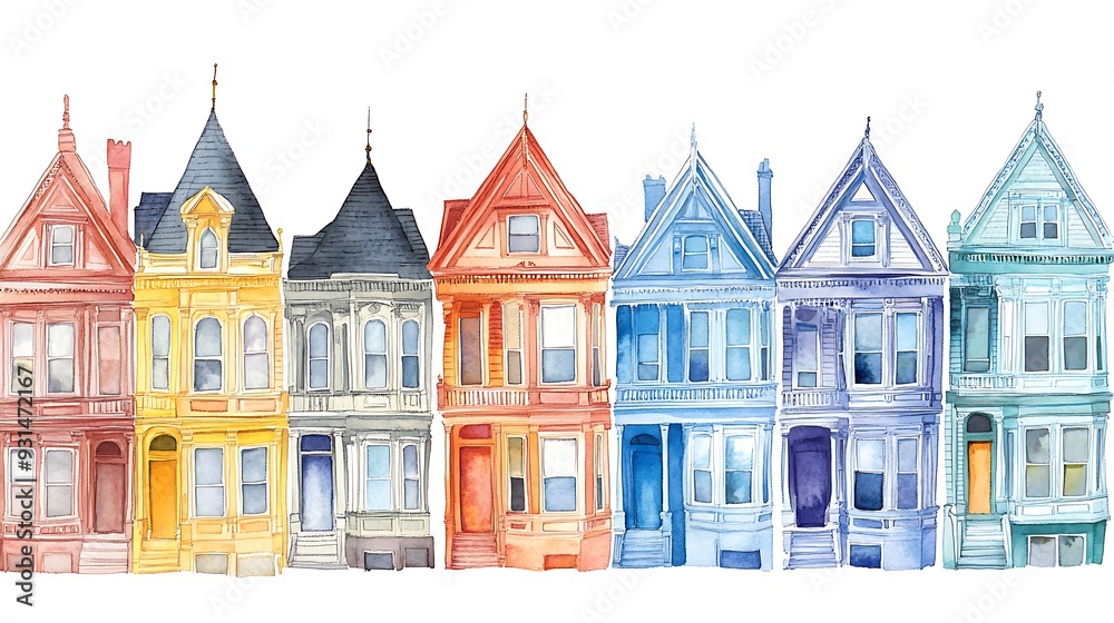 Fototapeta premium Watercolor illustration of colorful Victorian houses in a row.