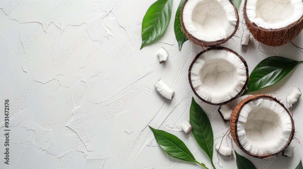 Top view flat lay of coconut with leaves on white background for text with space Top view flat lay of coconut with leaves on white background for text with space