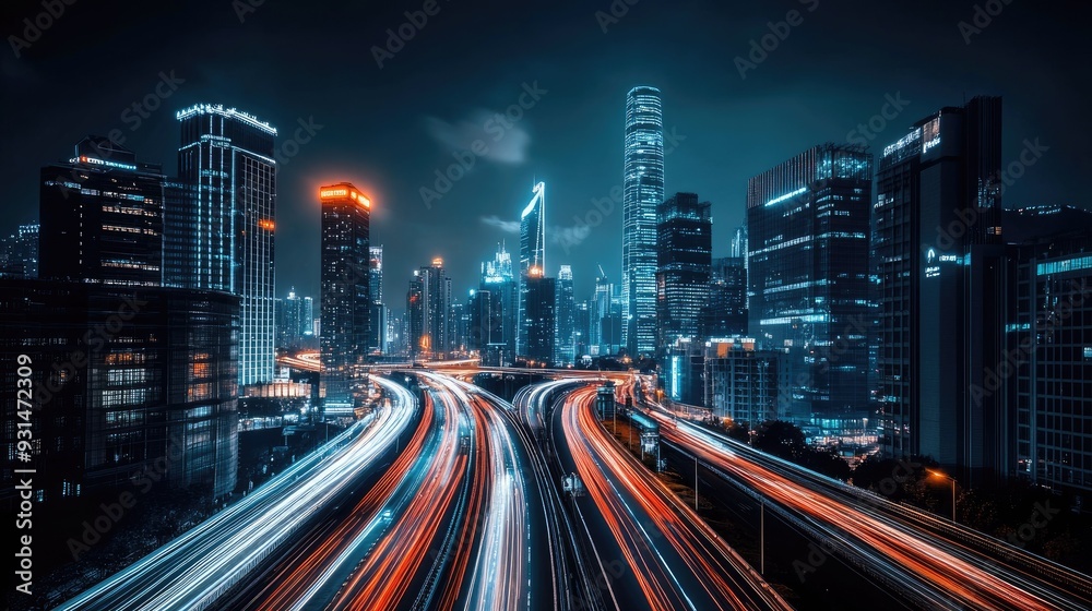 Fototapeta premium A busy highway leading toward a glowing city skyline at night, with streaking car lights and towering buildings in the distance.