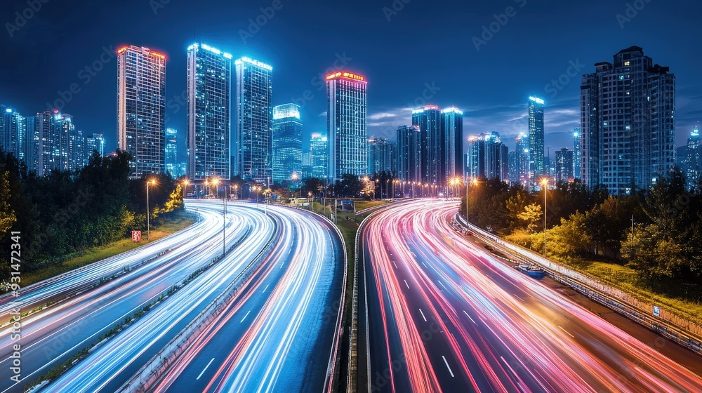 A busy highway leading toward a glowing city skyline at night, with streaking car lights and towering buildings in the distance. A busy highway leading toward a glowing city skyline at night, with streaking car lights and towering buildings in the distance.