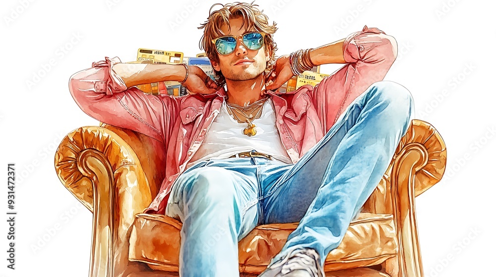 Obraz premium Young Man Relaxing in a Leather Armchair with Sunglasses.