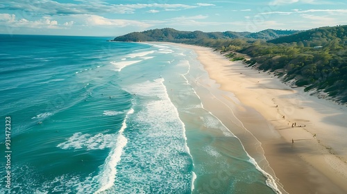 Aerial view of sandy beach with surfers at Cylinder Beach Point Lookout Queensland Australia : Generative AI photo