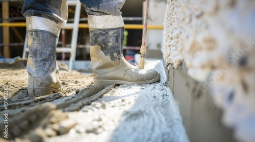 Wallpaper Mural A construction worker's muddy boots stand on a foundation being prepared for concrete, illustrating the hard work and determination involved in building. Torontodigital.ca