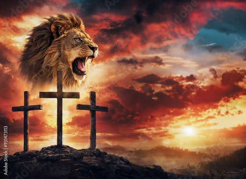 Lion of Judah Reigning Over Calvary’s Three Wooden Crosses. A Cinematic Depiction of Crucifixion, Resurrection, and Life. Jesus Christ, Son of God, as Majestic Lion in Uplifting Art