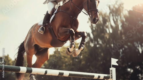 A focused rider and horse gracefully leap over an obstacle during a sunny equestrian competition, showcasing athleticism and precision.