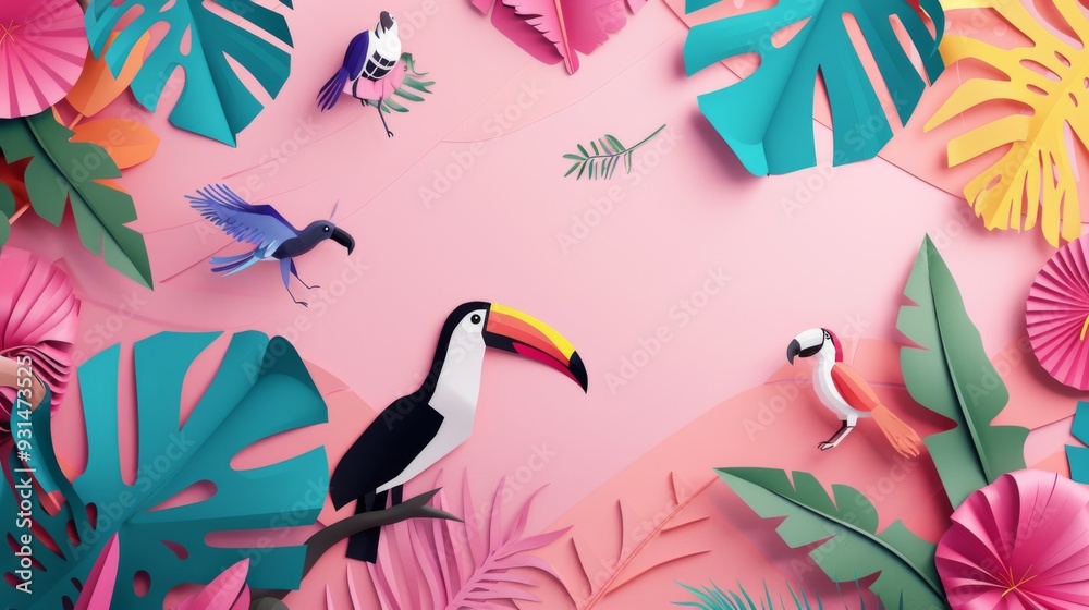An intricate and vibrant paper-crafted tropical environment showcasing colorful birds and lush foliage, radiating creativity and natural beauty. An intricate and vibrant paper-crafted tropical environment showcasing colorful birds and lush foliage, radiating creativity and natural beauty.