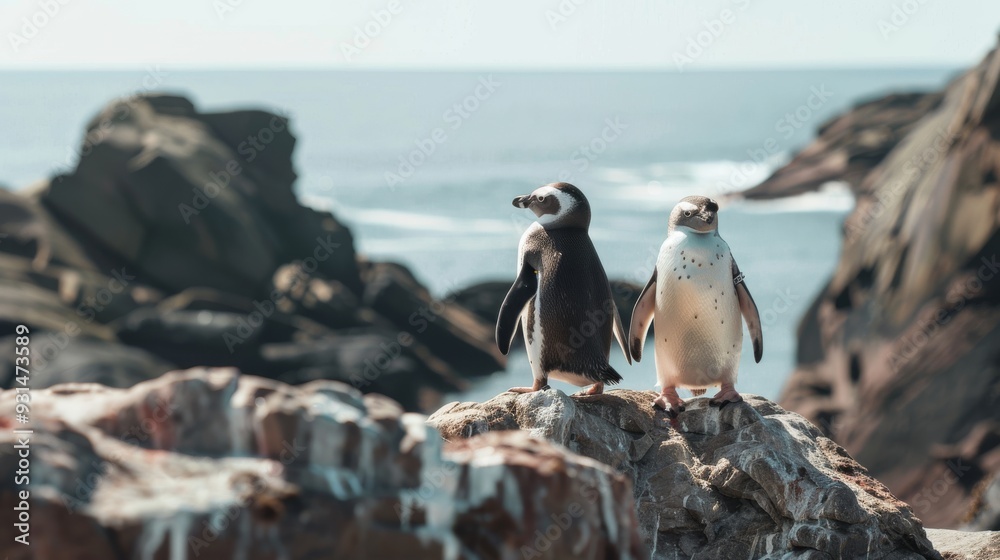 Fototapeta premium A pair of penguins stand on rugged rocky terrain, surveying the ocean, capturing a serene moment of wildlife in its natural habitat.