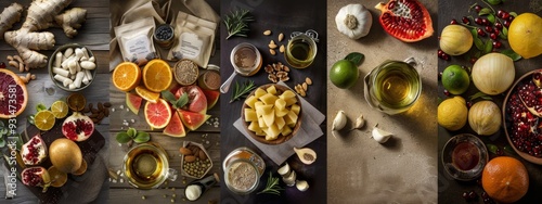 Healthy ingredients and supplements flat lay arrangement