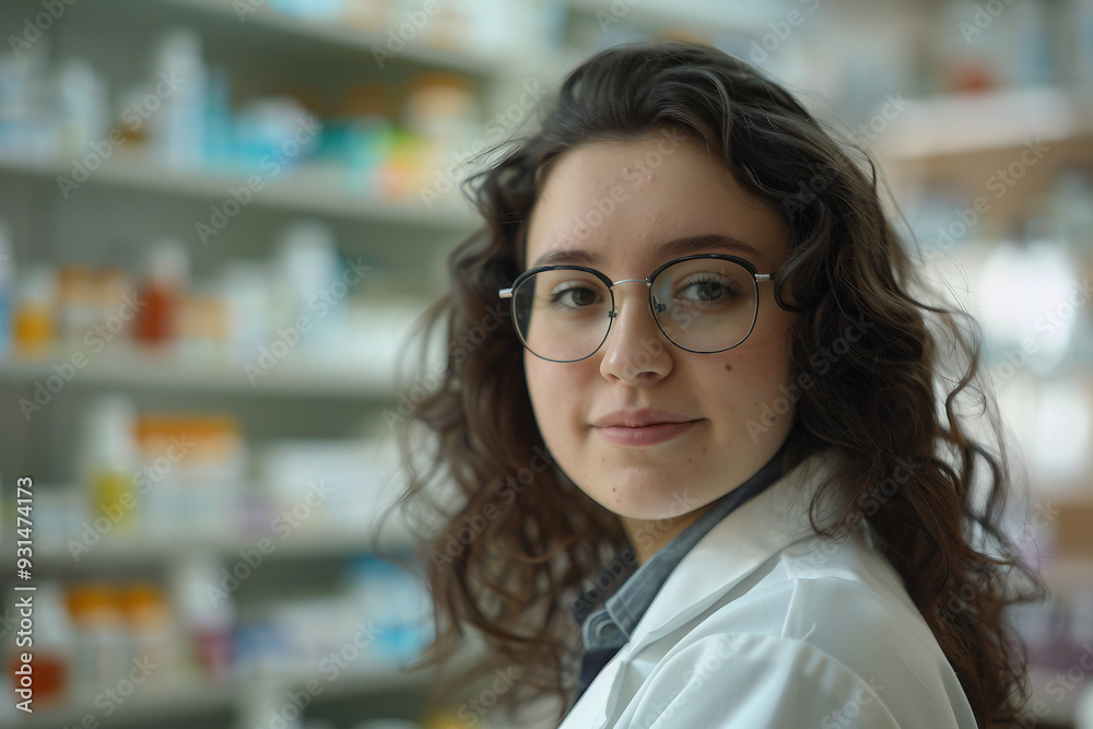 Photo of a beautiful professional female pharmacist working in chemist shop or pharmacy generative AI