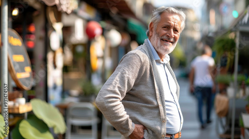 An elderly man enjoys his time walking through a lively street market filled with vibrant shops