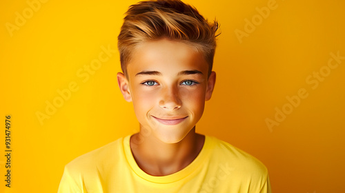 Portrait of a happy serious, gloomy, not cheerful confident teenage guy with perfect skin, yellow background, banner.