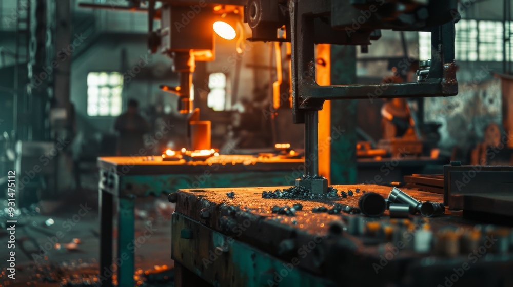 Dimly lit industrial scene with heavy machinery and workbenches, radiating an aura of hard work and mechanical prowess under warm, moody lighting. Dimly lit industrial scene with heavy machinery and workbenches, radiating an aura of hard work and mechanical prowess under warm, moody lighting.