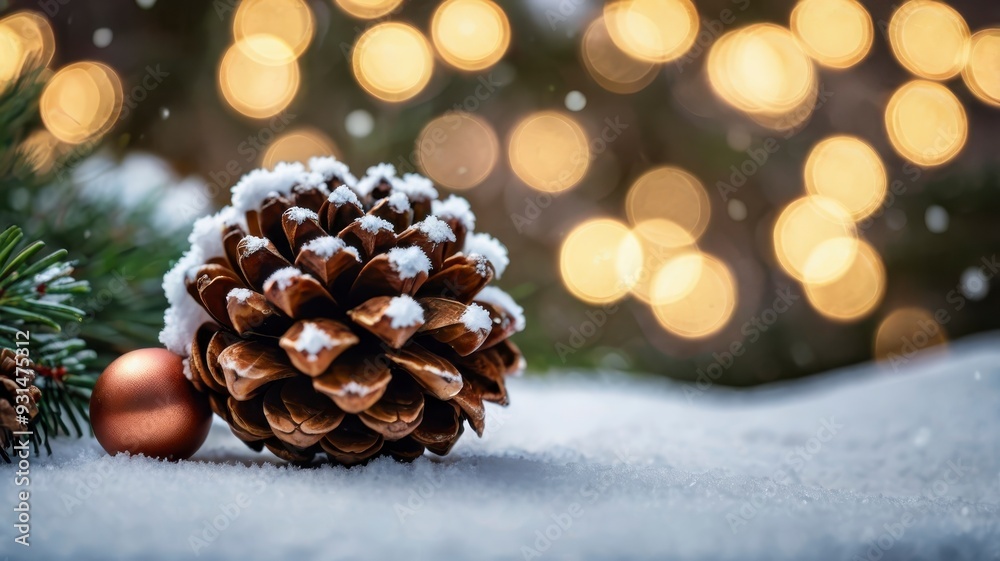Christmas pine cone with snow and blurry bokeh background Christmas pine cone with snow and blurry bokeh background