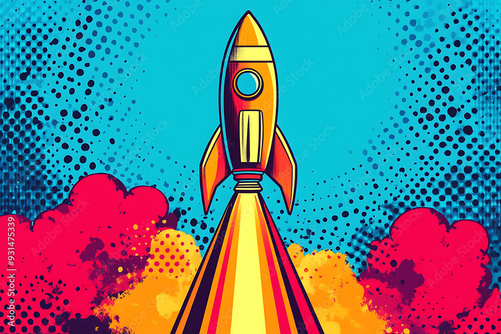 A rocket illustrated in pop art style, featuring bold colors, dynamic patterns, and comic book-inspired elements A rocket illustrated in pop art style, featuring bold colors, dynamic patterns, and comic book-inspired elements