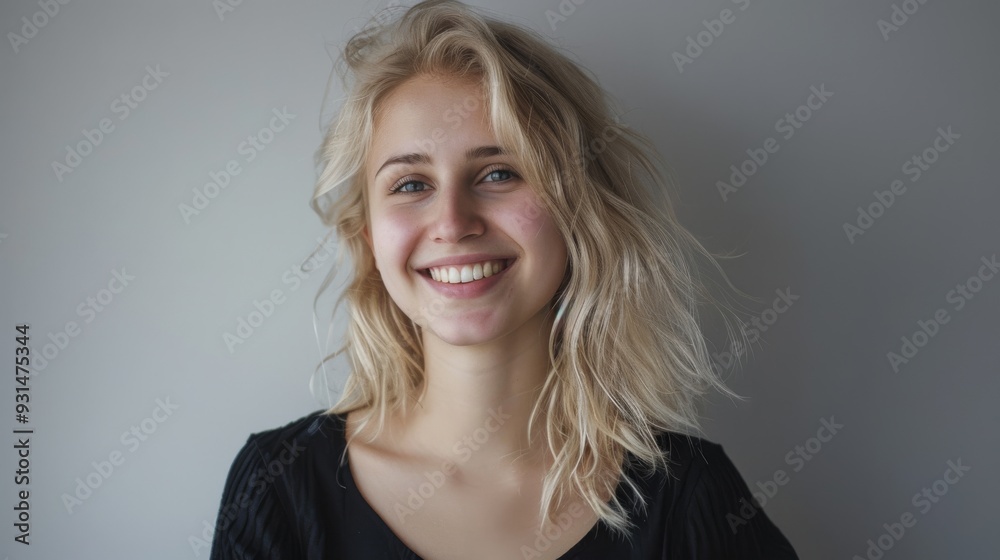 A cheerful young woman with tousled blonde hair smiles brightly against a neutral background. A cheerful young woman with tousled blonde hair smiles brightly against a neutral background.