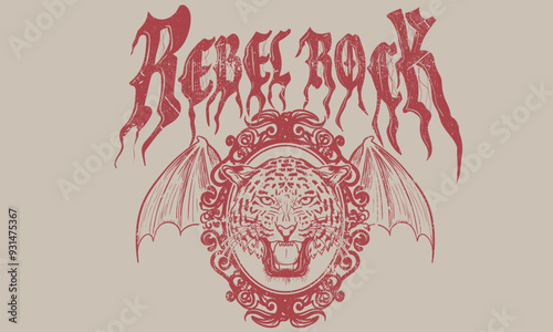Rebel rock artwork. Wild and free. Rock and roll graphic print design for apparel, stickers, posters and background. Tiger face vector artwork design for shirt and others.