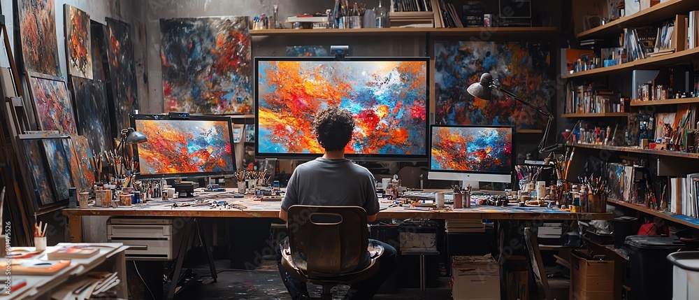 Panoramic view of artists studio with AI revolutionizing creativity Panoramic view of artists studio with AI revolutionizing creativity