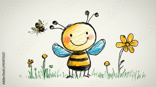 Charming crayon drawing of a smiling bee with flowers, showcasing a playful and cheerful depiction of nature.