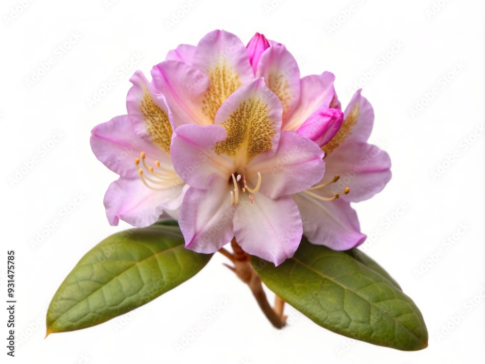 Obraz premium Delicate pink rhododendron flower with soft petals and yellow center isolated on a clean white background, showcasing its intricate details and beauty.