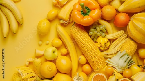 Fototapeta Naklejka Na Ścianę i Meble -  A vibrant array of yellow fruits and vegetables arranged on a bright yellow background, creating a cheerful and visually stimulating display of natural produce.