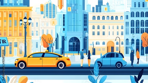 Urban Cityscape with Yellow Car & People