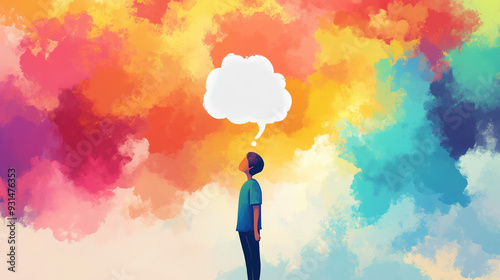 Abstract of a person thinking about something with cloud of thoughts on head