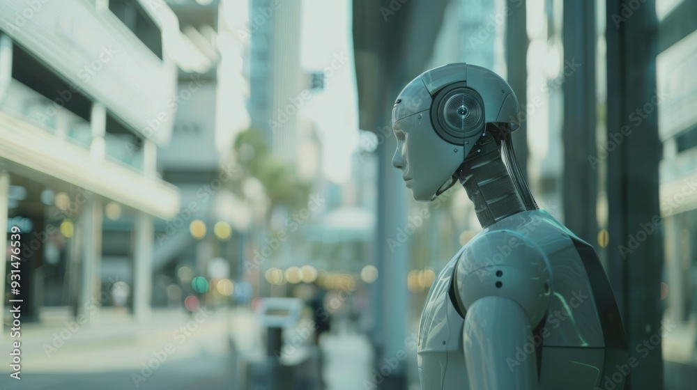 An advanced humanoid robot stands in an urban setting, reflecting on society as it blends seamlessly with the modern cityscape. An advanced humanoid robot stands in an urban setting, reflecting on society as it blends seamlessly with the modern cityscape.