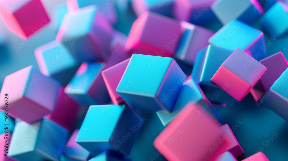 A soft-focus photograph of blue and pink cubes floating in the air, creating a dreamy, futuristic ambiance with a gentle blur. A soft-focus photograph of blue and pink cubes floating in the air, creating a dreamy, futuristic ambiance with a gentle blur.
