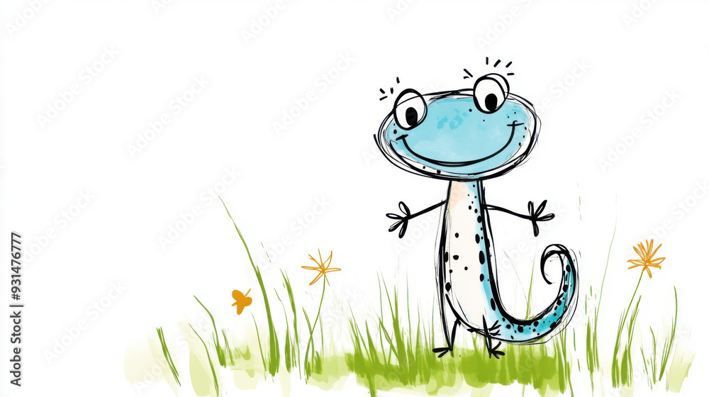 Obraz premium Playful sketch of a smiling blue lizard standing on a grassy field, surrounded by flowers and exuding a friendly vibe.