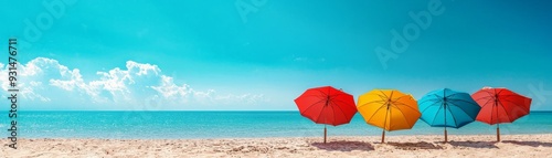 a summer vibes scene outdoors under bright lighting capturing ,People are enjoying the beach with colorful umbrellas. advertisement banner 