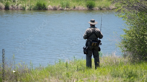 A fish and game warden standing near a riverbank with a fishing rod in hand, looking out over the water, light solid color background