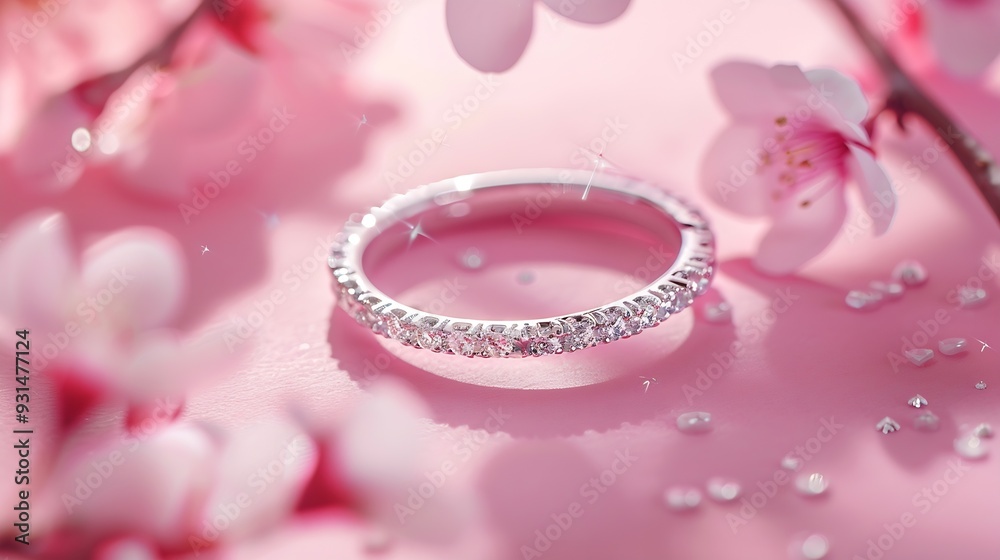 Female wedding silver ring in floral design with diamonds on pink background with sparkles and shadow Unique white gold ring band Advertising jewelry still life : Generative AI Female wedding silver ring in floral design with diamonds on pink background with sparkles and shadow Unique white gold ring band Advertising jewelry still life : Generative AI