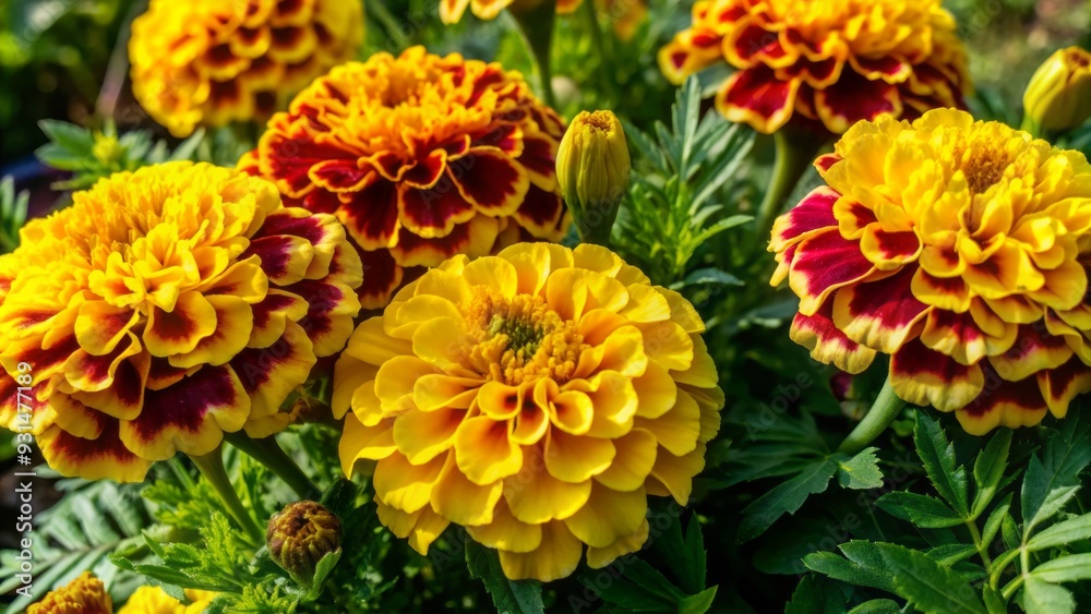 Vibrant yellow marigold flowers with delicate petals and buds, freshly bloomed, isolated on a transparent background, showcasing their intricate texture and beauty. Vibrant yellow marigold flowers with delicate petals and buds, freshly bloomed, isolated on a transparent background, showcasing their intricate texture and beauty.