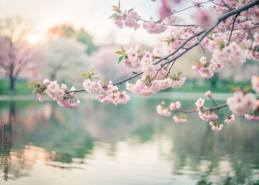 Fototapeta premium Delicate pink petals unfold on blooming sakura trees, surrounding serene water reflections and lush greenery, beneath a soft, dreamy, pastel-colored spring morning sky.