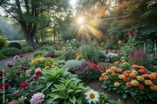 Serene morning scene of a lush garden awakening, vibrant flowers blooming in every color, dewy petals unfolding, warm sunlight filtering through lush green foliage.