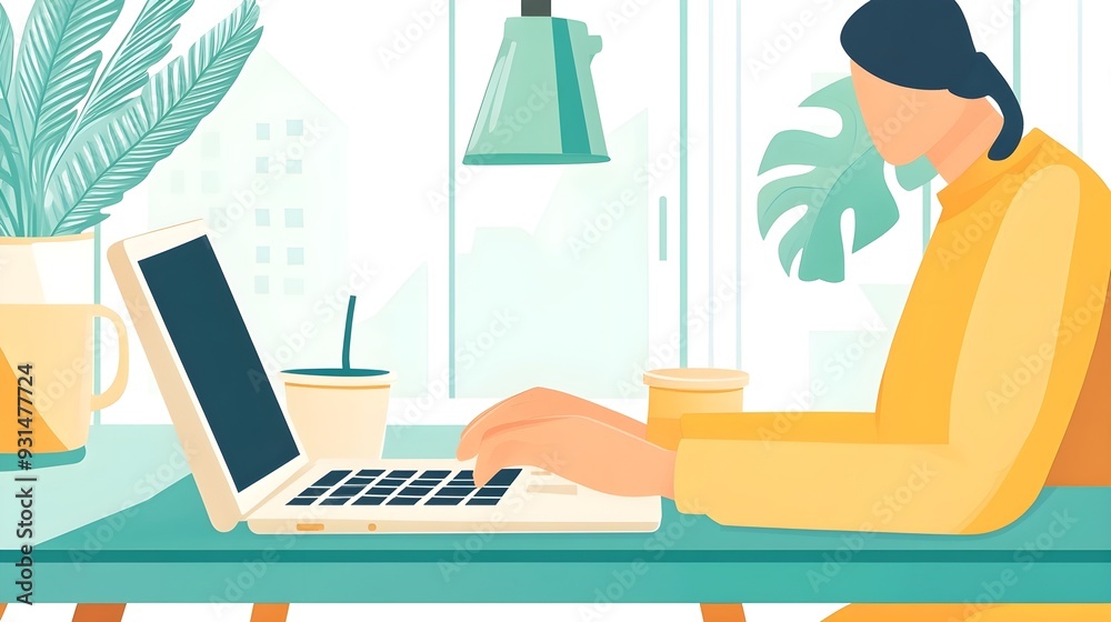 Fototapeta premium Woman Working on Laptop in Modern Office Setting