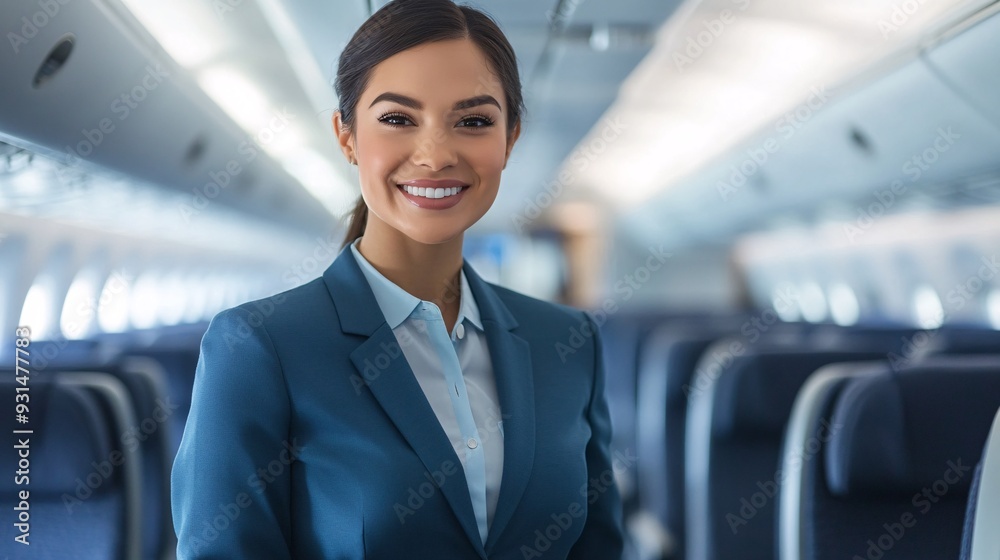 A smiling flight attendant standing confidently in the aisle of an airplane, wearing a professional uniform, with overhead compartments visible in the background A smiling flight attendant standing confidently in the aisle of an airplane, wearing a professional uniform, with overhead compartments visible in the background