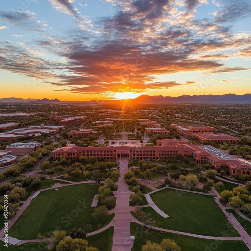 A wide aerial shot of ASU, showcasing the expansive grounds and vibrant sunset colors photo