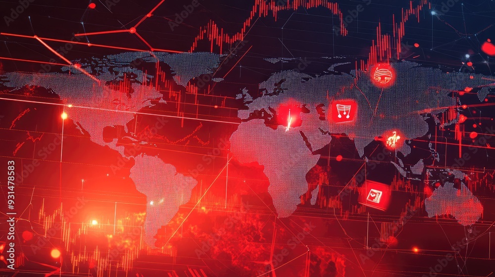 Obraz premium A world map with red warning signs, falling stock prices, and symbols of economic instability, representing a financial crisis.