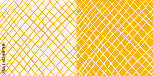 Set of two hand drawn square checkered patterns, chaotic textured crosshatch on yellow and beige. Pastel colors, pencil textured lines, vector sketch.