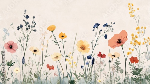 Repeating design of wildflowers in soft pastel colors on a neutral background