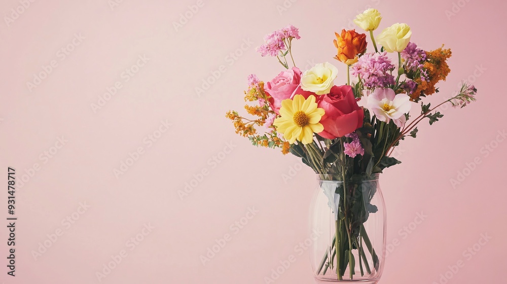 A minimalist display of assorted flowers in a glass vase, with ample copy space on a soft pastel background A minimalist display of assorted flowers in a glass vase, with ample copy space on a soft pastel background