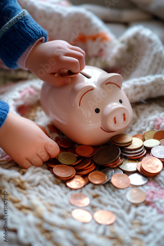 Piggy bank being filled with coins by a child's hand, symbolizing saving and financial responsibility, set in a cozy home environment.