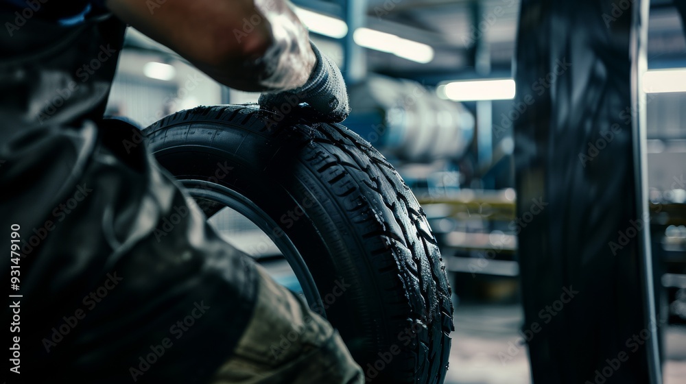A mechanic diligently works on mounting a tire in a well-lit workshop, showcasing the precision and hard work of automotive repair. A mechanic diligently works on mounting a tire in a well-lit workshop, showcasing the precision and hard work of automotive repair.